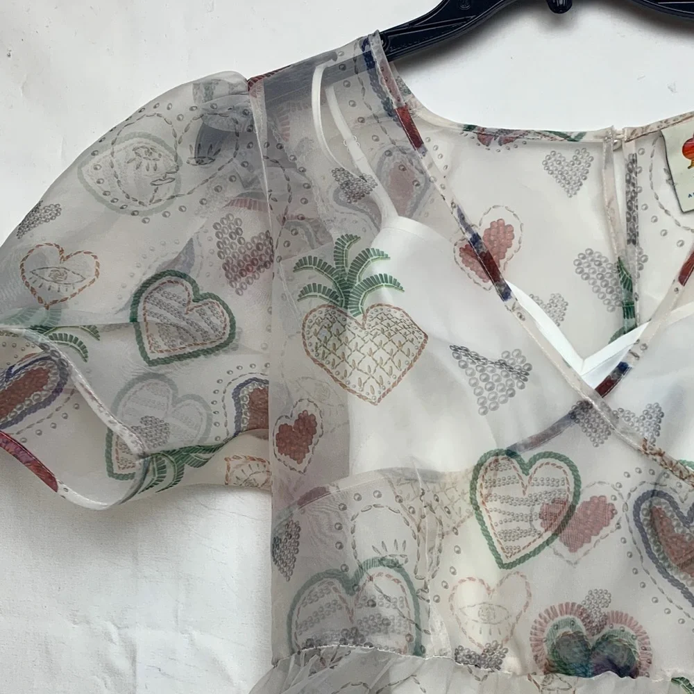 Farm Rio size medium dress semi sheer hearts puff sleeve pineapple mini party - Picture 4 of 12